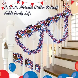 3pcs 6.5Ft/200cm 4th of July Red White Blue Star Tinsel Garland Memorial Day Patriotic Decoration Independence Day Metallic Deco Gingerbread  Ornaments Set vintage  christmas bow