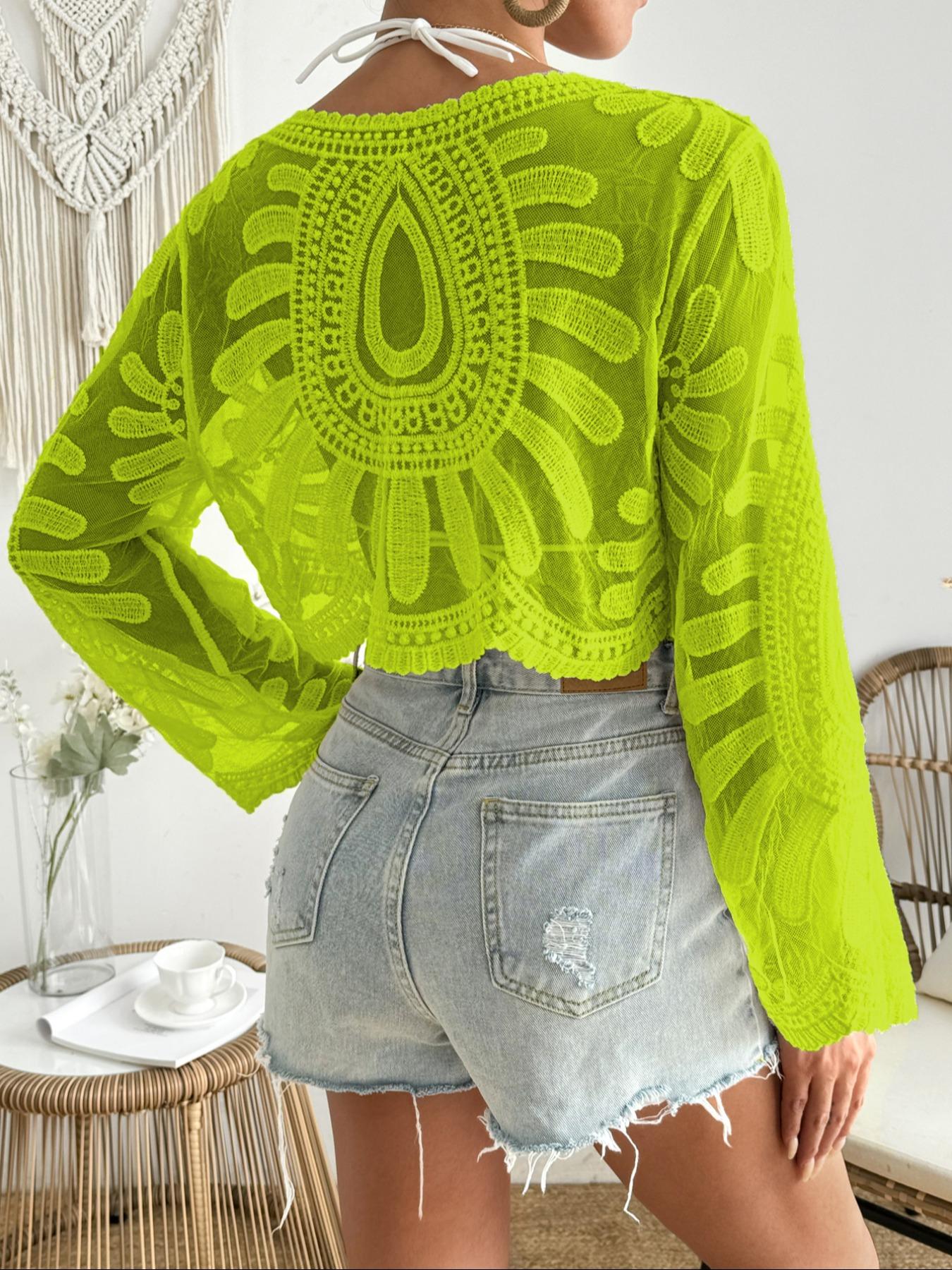 Women's Floral-Embroidered Semi-sheer Cover-Up with Scallop Trim, Casual Long Sleeve Round Neck Cover-Up for Beach Vacation, Ladies' Beachwear for All Seasons