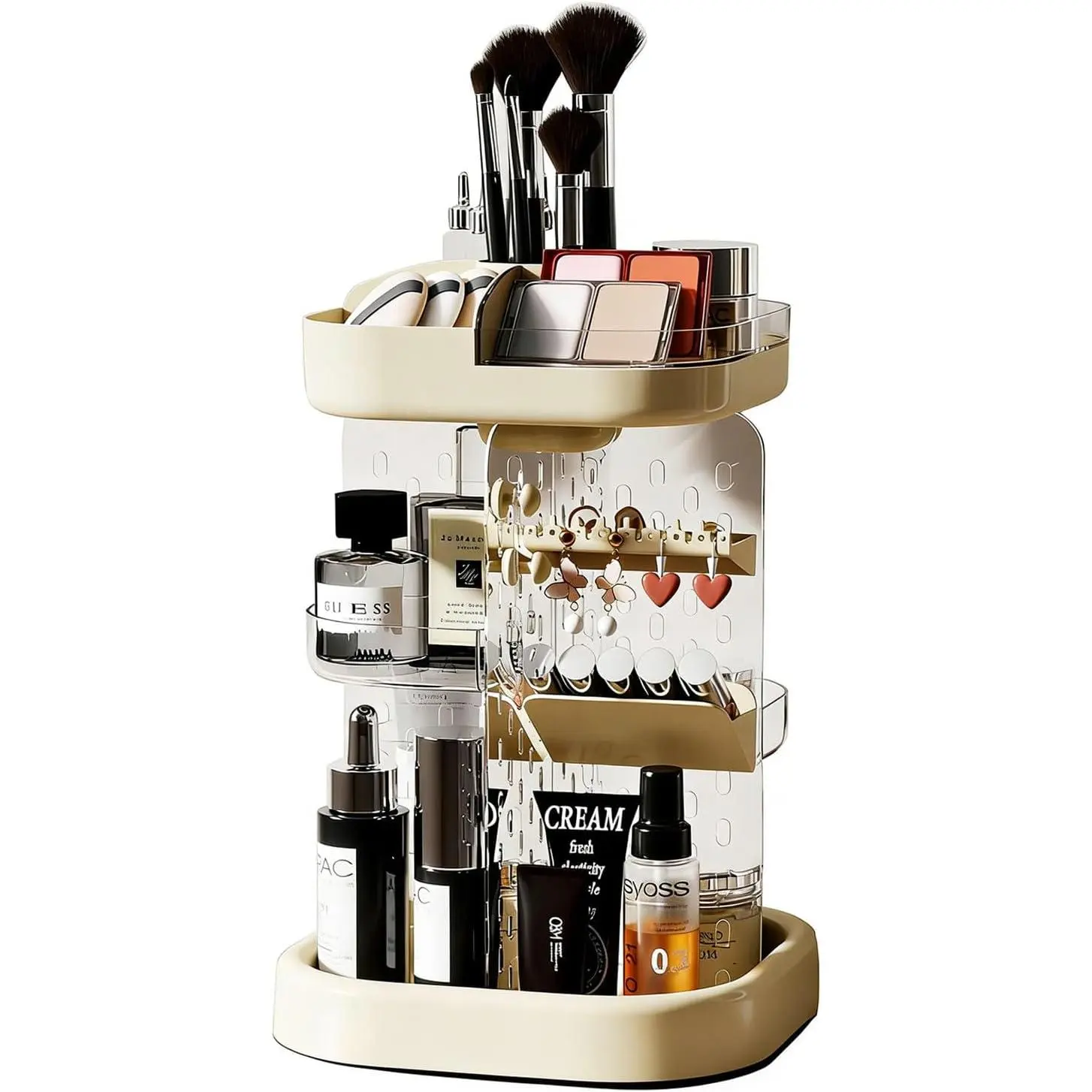 360 Spinning Rotating Makeup Organizer for  with Adjustable Trays Lipstick Earring Storage Makeup Desk Storage Carousel Rack,  Display Cases for Dresser Bathroom Holder (Cream)