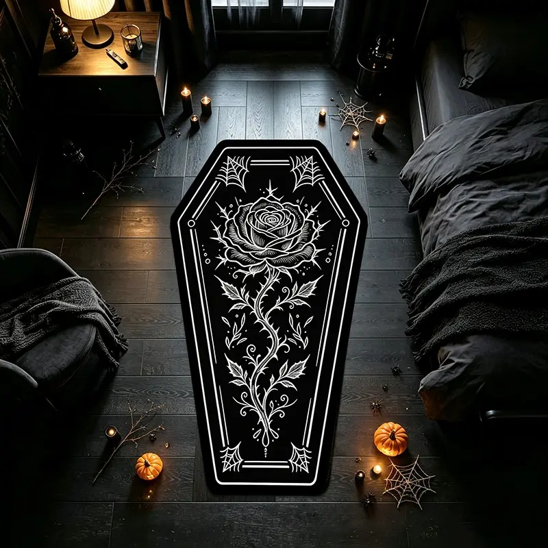 American Vintage Halloween Decor Thorn Rose Coffin Rug, Gothic Spider Web Tattoo Design, Indoor Floor Mat for Living Room, Balcony, Bedroom