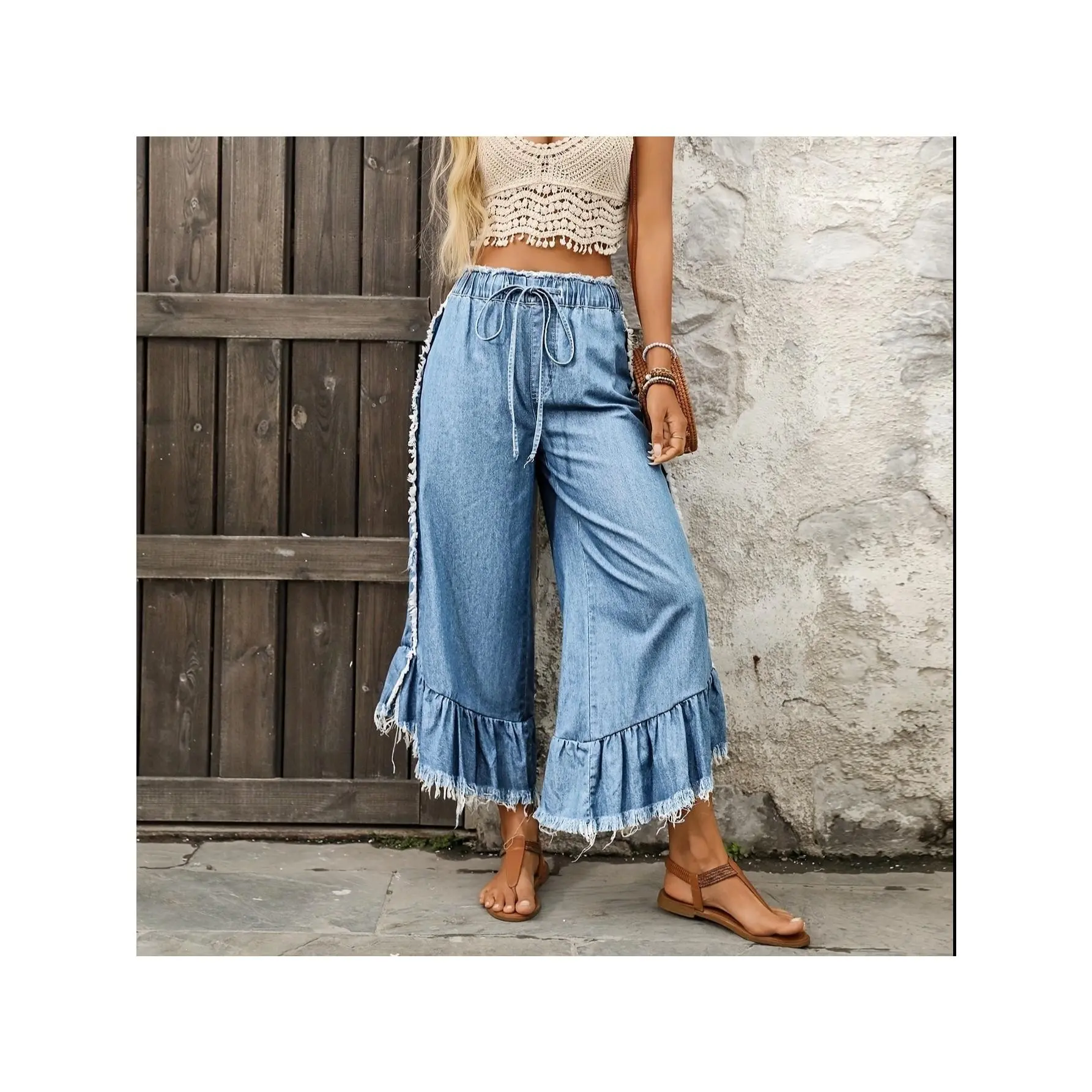 Elastic Waist Drawstring Wide-Leg Jeans Women's Side Pleated Frayed Hem Washed Slimming Summer Trousers
