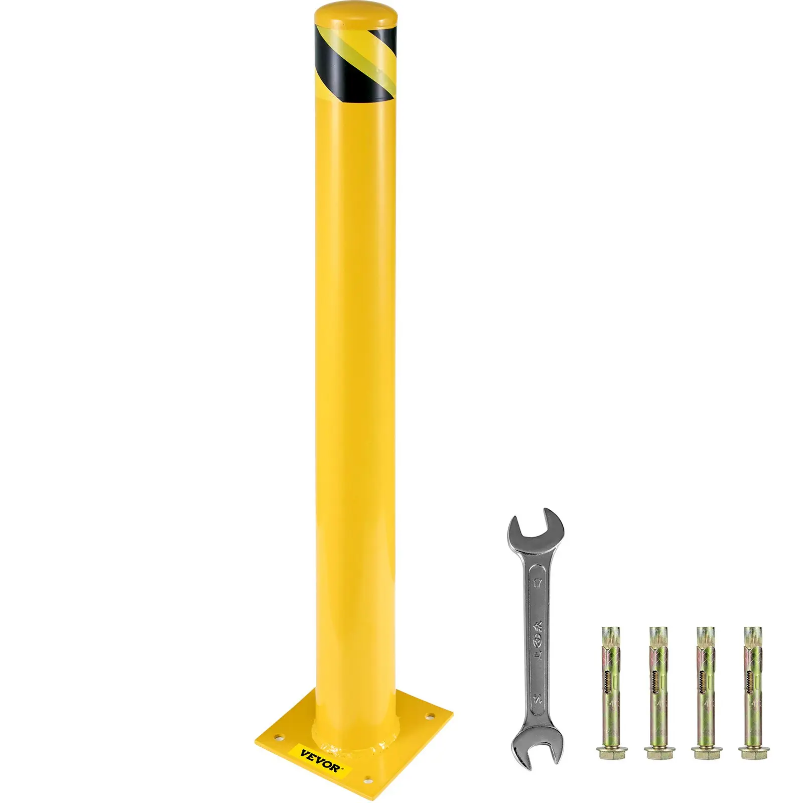 VEVOR Safety Bollard 48" x 4.5" Safety Barrier Bollard 4-1/2" OD 48" Height Yellow Powder Coat Pipe Steel Safety Barrier with 4 Free Anchor Bolts for Traffic-Sensitive Area