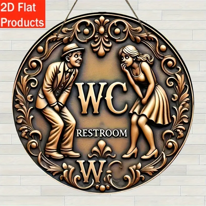 2D Flat - Decorative Plaque, Rustic Plaque And Ornament, 1pc Vintage Round Wooden Toilet Sign, Wall Decoration, Easy to Hang, Suitable for Home Decor, Kitchen, Bathroom, Hotel, Office, Bar