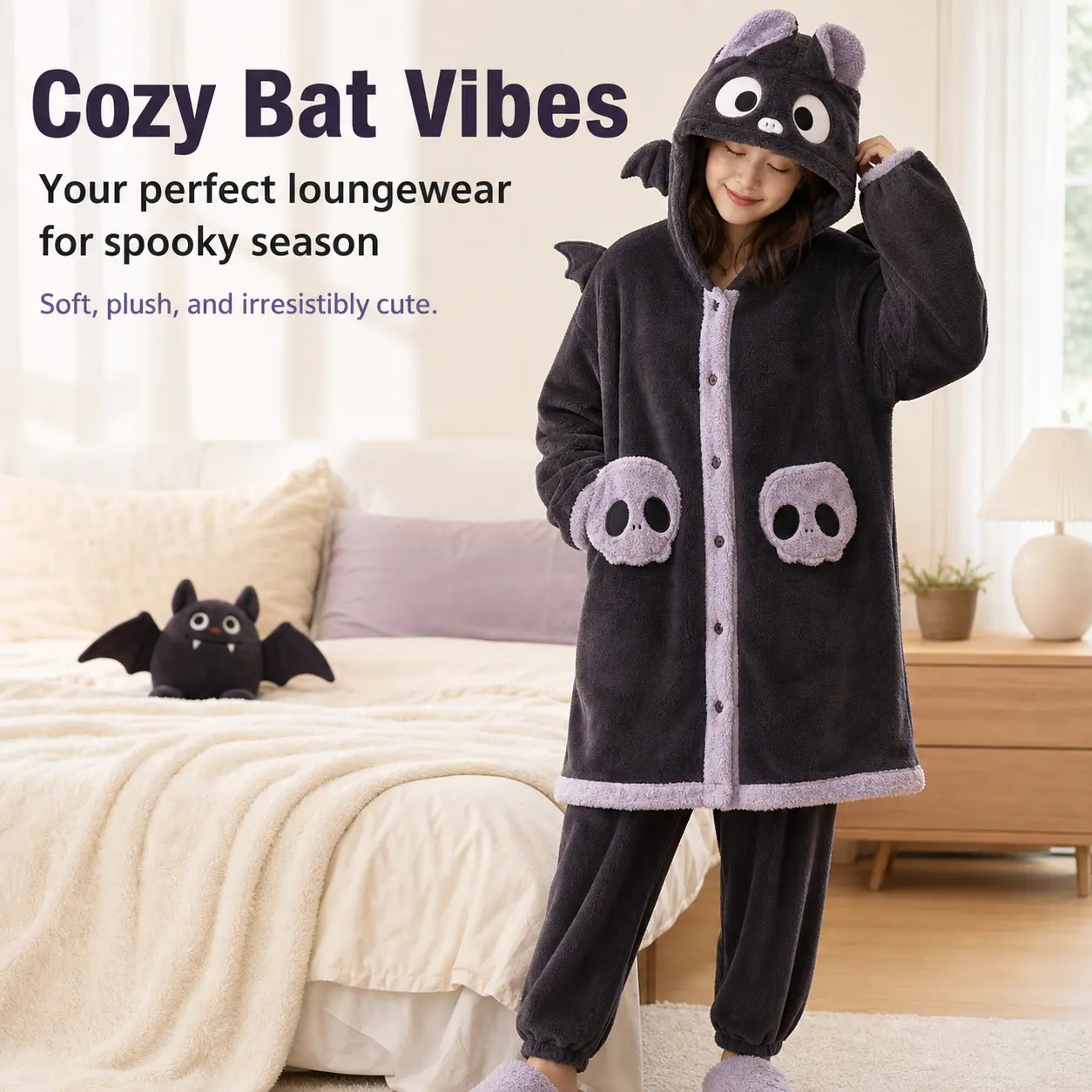 Women's Thick Cute Bat Hooded Plush 2-Piece Pajama Set - Cosplay Cartoon Skull Pocket Button-Front Long Robe, Elastic Pants, Casual Soft Fluffy Winter Halloween Style Loungewear Outfit, Costume, Fleece