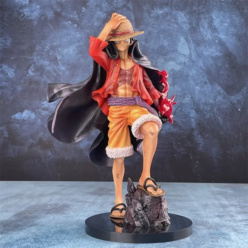 One Piece Luffy Figure, 25cm Tall, Large Cape Hair Luffy Rock Base Flame Effect Model, Holiday Gift Ornament, Anime Action Figure
