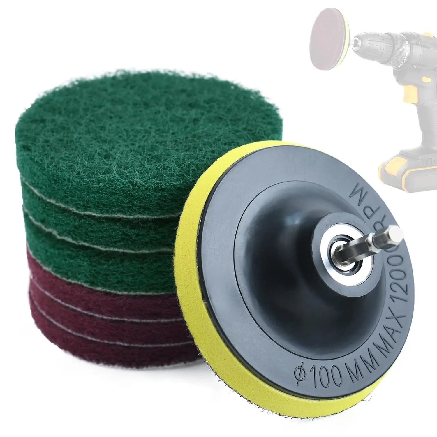 4 Inch Drill  Brush Tile  Scouring Pad Cleaning Kit | Disc Pad Holder with 6 Abrasive Buffing Pad, 2 Stiffness, 1/4" Hex Shank, for Kitchen Bathroom Grout Carpet Tub Grill Tile