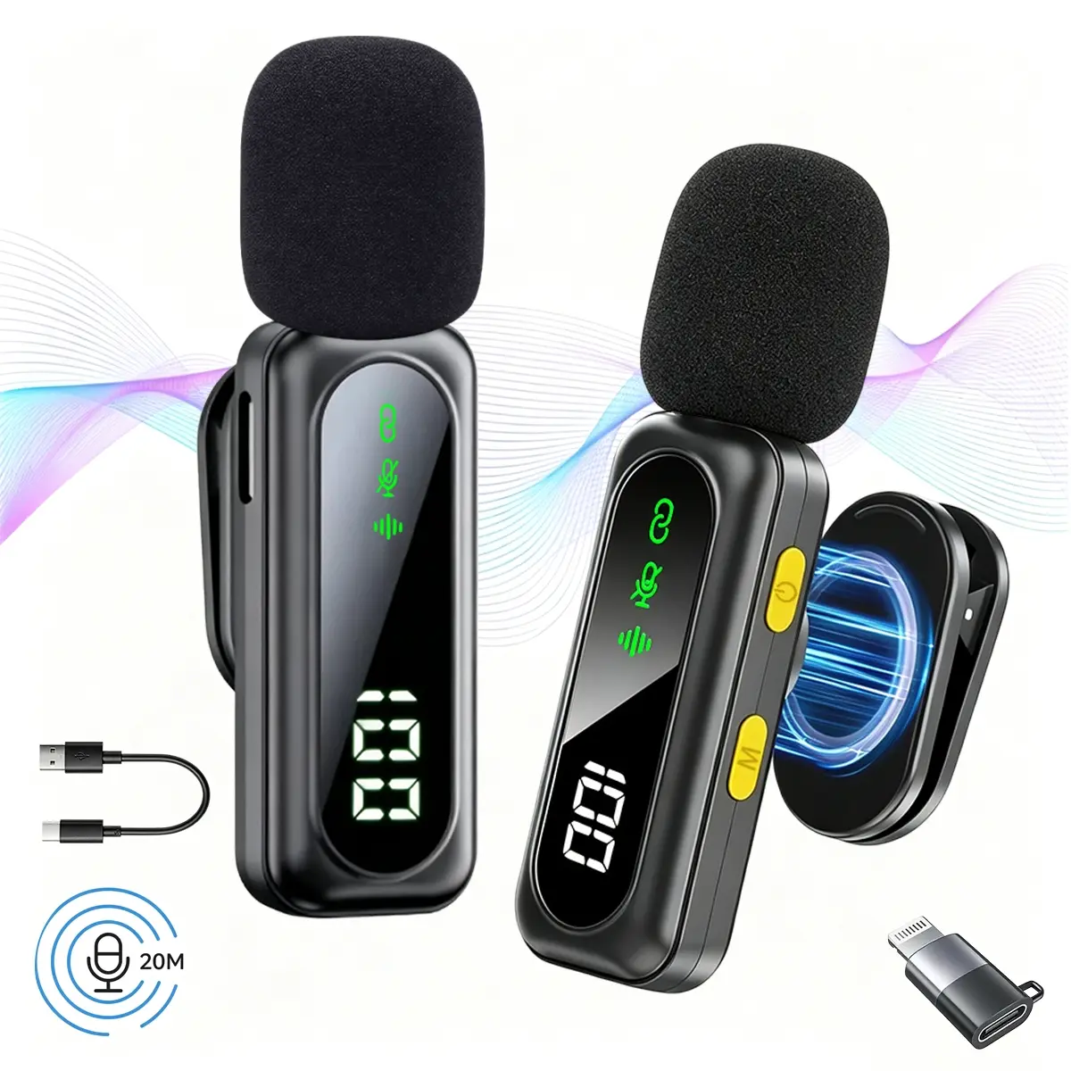 Professional Wireless Lavalier Microphone, Dual Channel Mic with 2.4GHz Transmission, Real Time Monitoring, Noise Cancellation, Wireless Microphone for Interview Podcast & Streaming