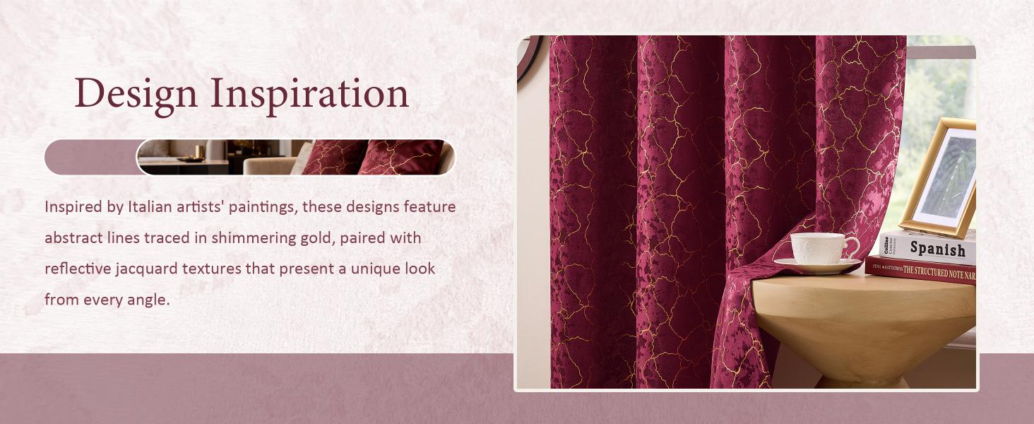 Burgundy Curtains 84 Inches Long 2 Panels Maroon Curtains Room Darkening Drapes Gold Grommet Victorian Marble Textured Window Treatment for Living Room Bedroom, 52x84