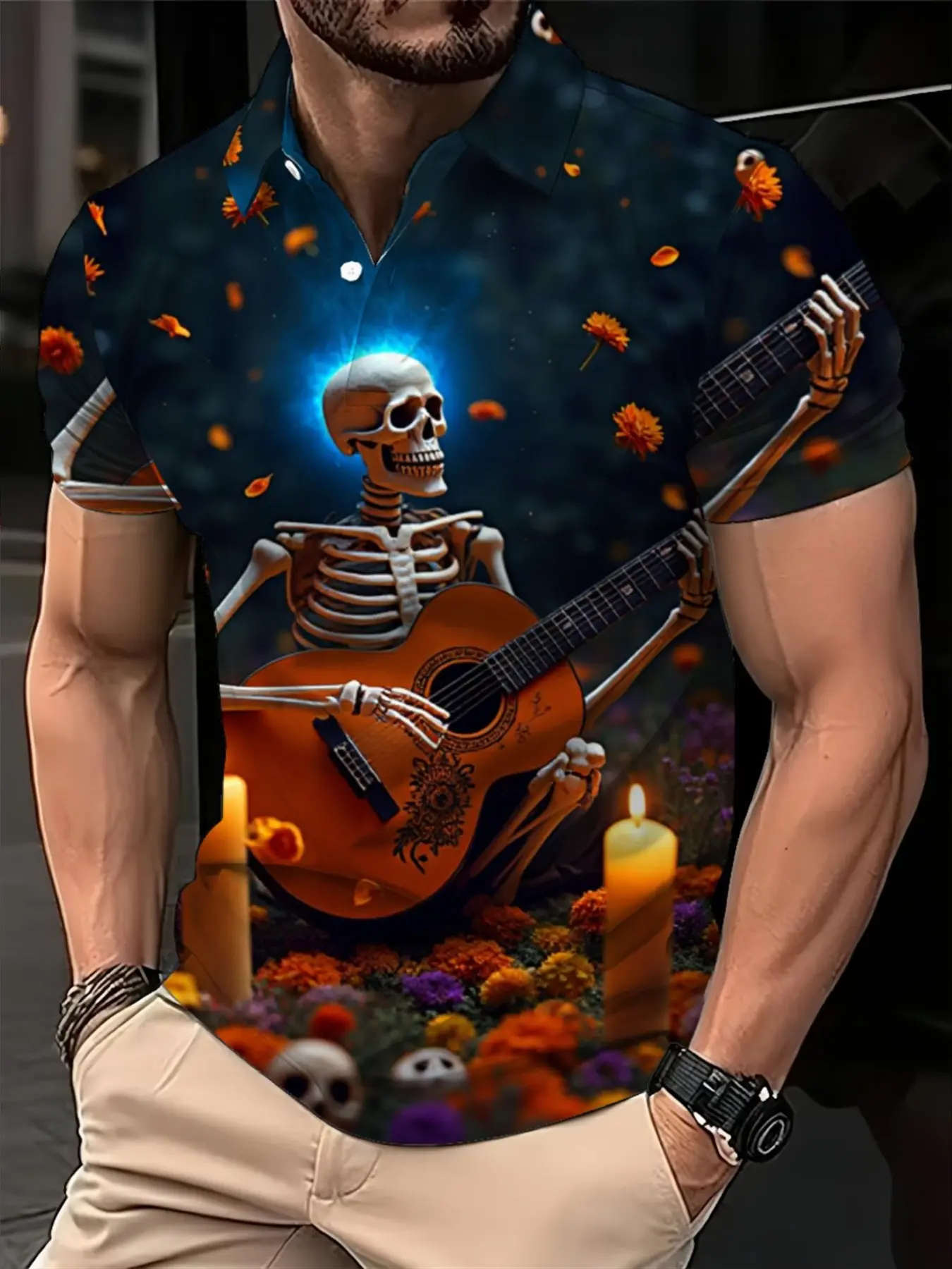 Men Fantasy Luminous Day Of The Dead Skull Polo Shirt Warm Memory Style Blue Guitar Marigold All Over Print Short Sleeve Breathable Casual European American High Street Unique Mens Tops