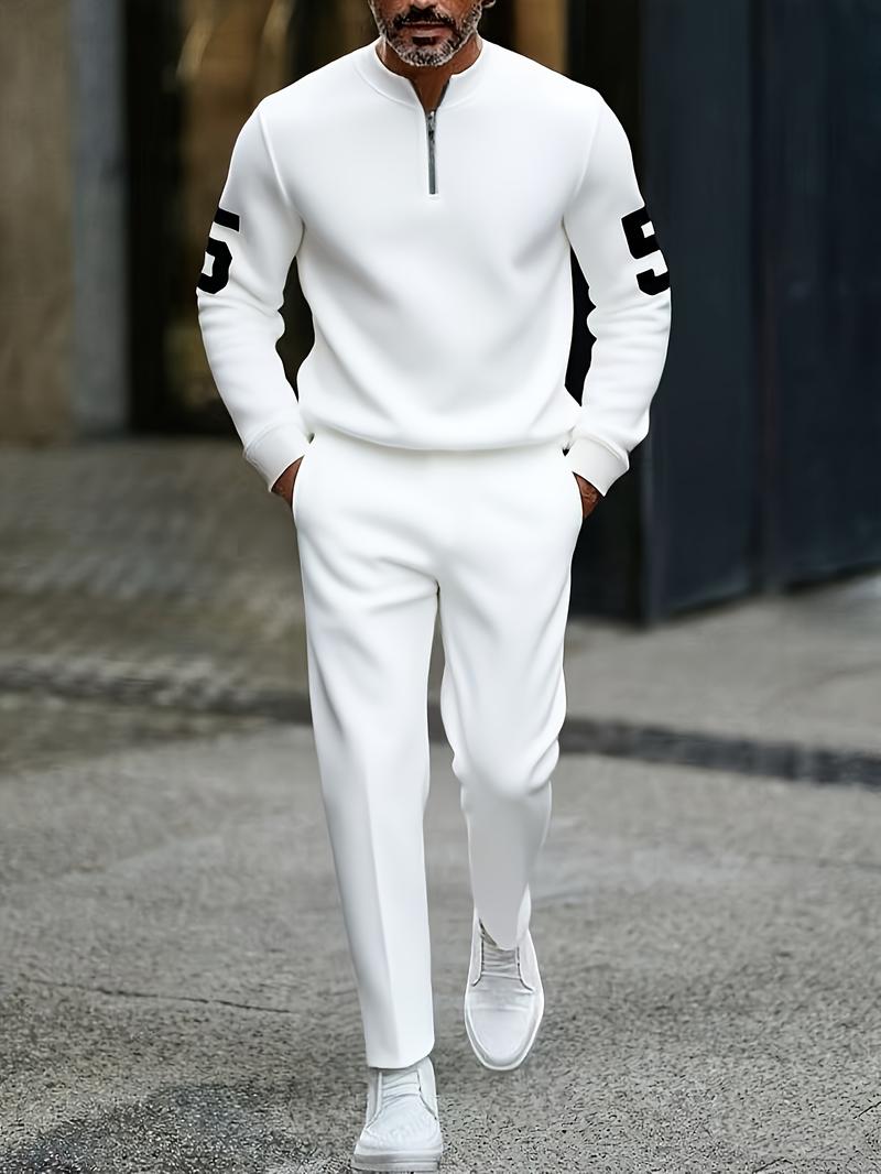 Business casual fashion men's digital printed sportswear set, featuring a street-style patterned digital half-zip sweater + pants, a two-piece men's outfit