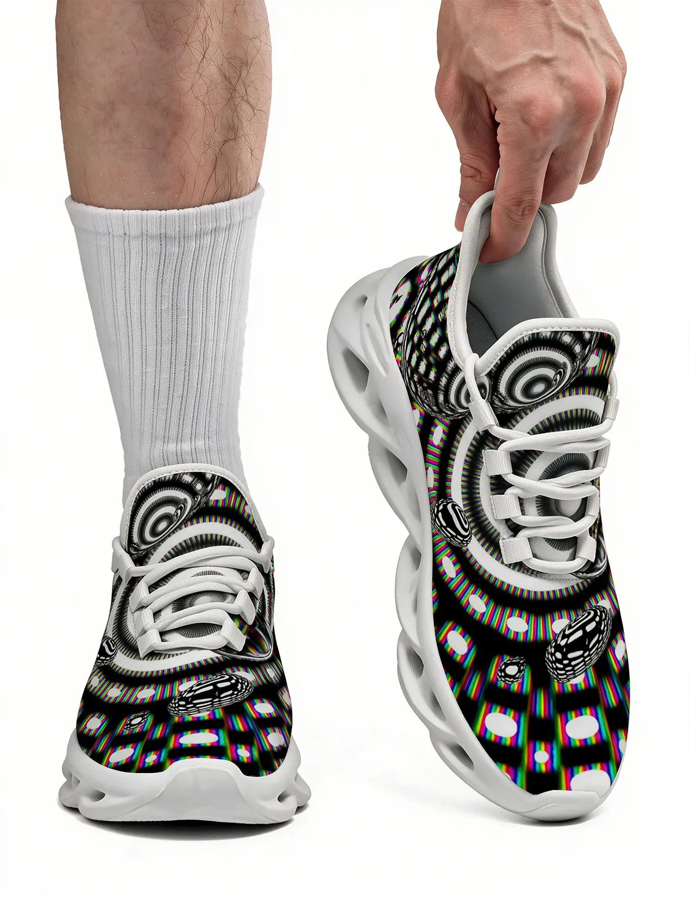 Men Women Personalized  Lace Up Running Shoes Hypnotic Psychedelic Black White Pattern Platform Sneakers Shock Absorbing Hollow Blade Sole Lightweight Daily Workout Street Style Trendy Graphic Trainers