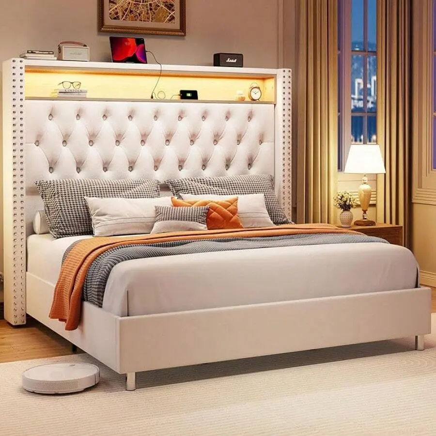Cream Velvet Wingback Upholstered Platform Bed Frame, Queen / King Sizes, Built‑in Storage, Integrated LED Lights, Charging Station & Under‑Bed Motion‑Sensor Lighting, No Box Spring Required