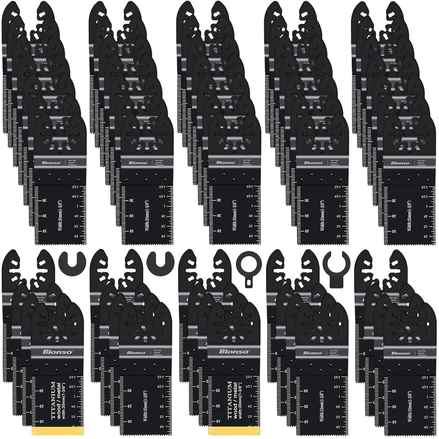 55PCS Universal Titanium Oscillating Saw Blades - Professional Quick Release Multi-Tool Blades with C-Clip Adapters for Wood Plastic, Metal, Universal Fit for Dewalt, Ryobi, Milwaukee, Rockwell, Fein, Makita (in), Inches