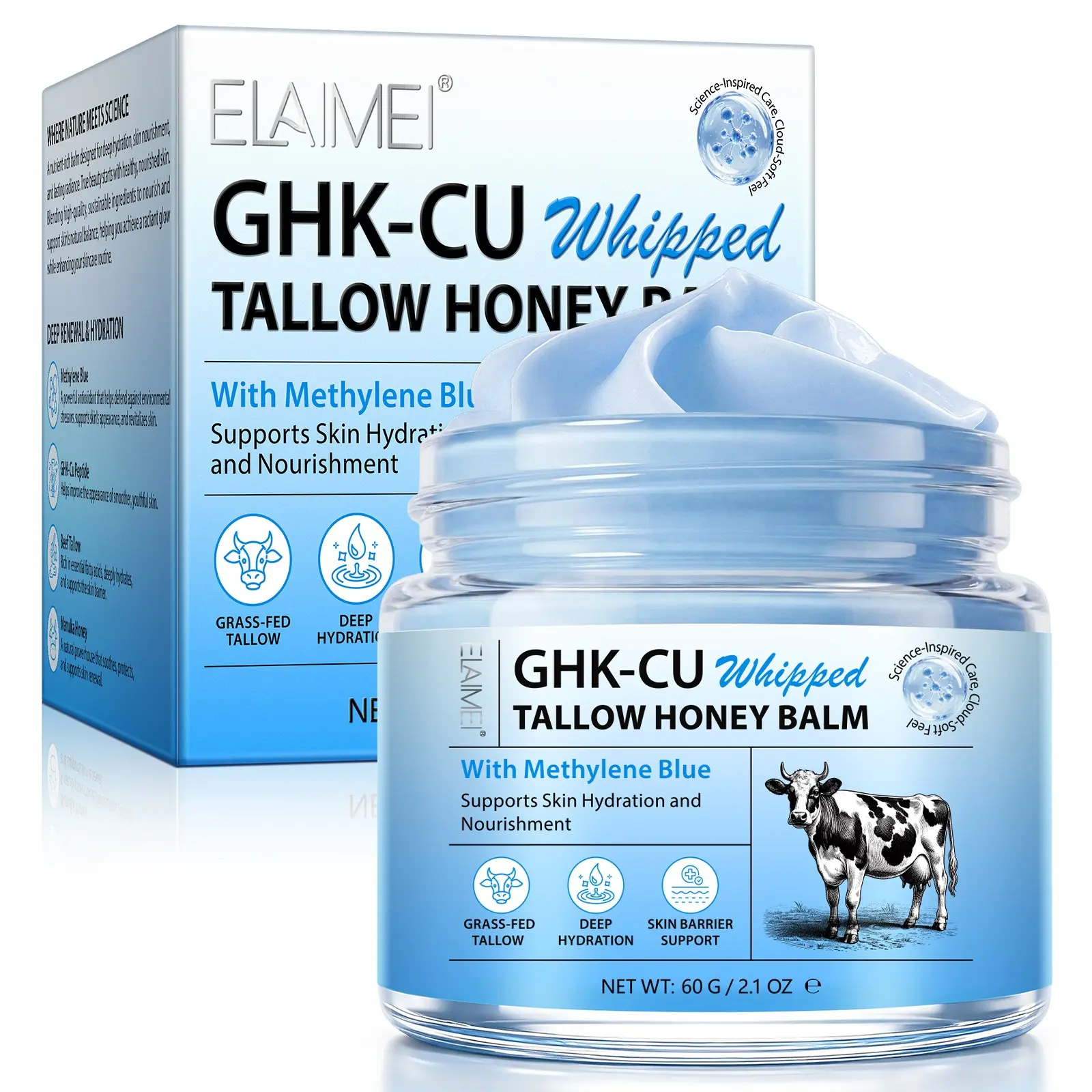 Elaimei Copper Peptide Beef Fat Cream 60g, Ghk-Cu Skincare, Honey & Vitamin E Moisturizer, Face & Body, Body Care Moisturizing, Blue Hydrating Cream