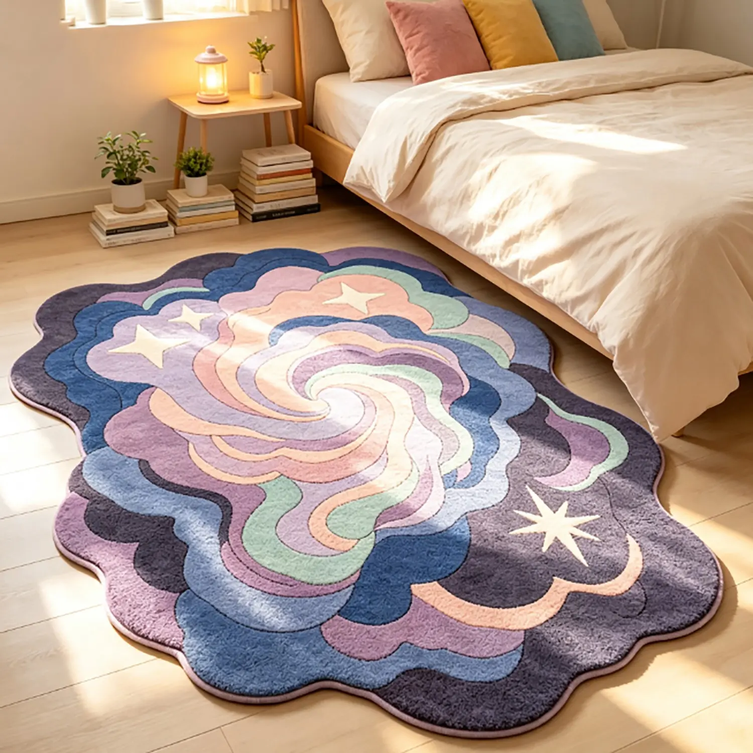 Gradient Nebula Irregular Rug, Starry Sky Design Bedroom Bedside Mat, Soft Plush Washable Hand Wash Only, Multi-Scene Home Decor
