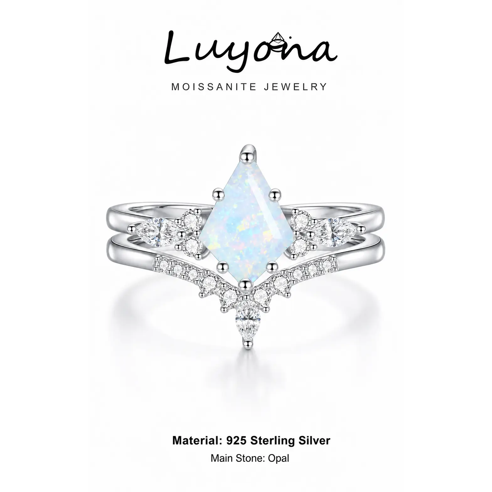 LUYONA Women's 925 Sterling Silver Stackable Kite-Cut Non-Natural Crystal Ring Set (Moss Agate, Black Rutilated Quartz, Blue Sandstone, Opal) with Pear Accent for Birthday, Valentine's Day, Mother's Day (Promise Engagement Anniversary Gift)