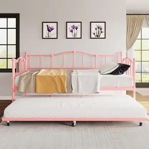 Twin Size Metal Daybed with Heart Design, Pink – Noiseless Sofa Bed Frame for Living Room and Bedroom