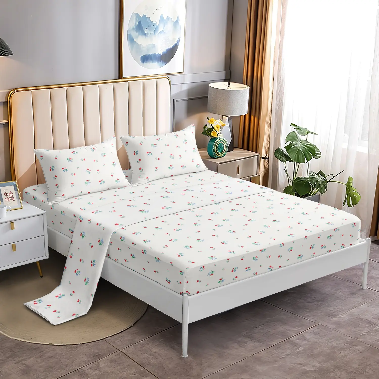 4Pcs Tiny Red Wildflower Fitted Sheet Bedding Set, White Mini Floral Print Bed Fitted Sheet, Soft Microfiber Cottagecore Sweet Aesthetic Bedroom Decor (1 Flat Sheet+1 Fitted Sheet+2 Pillowcases)