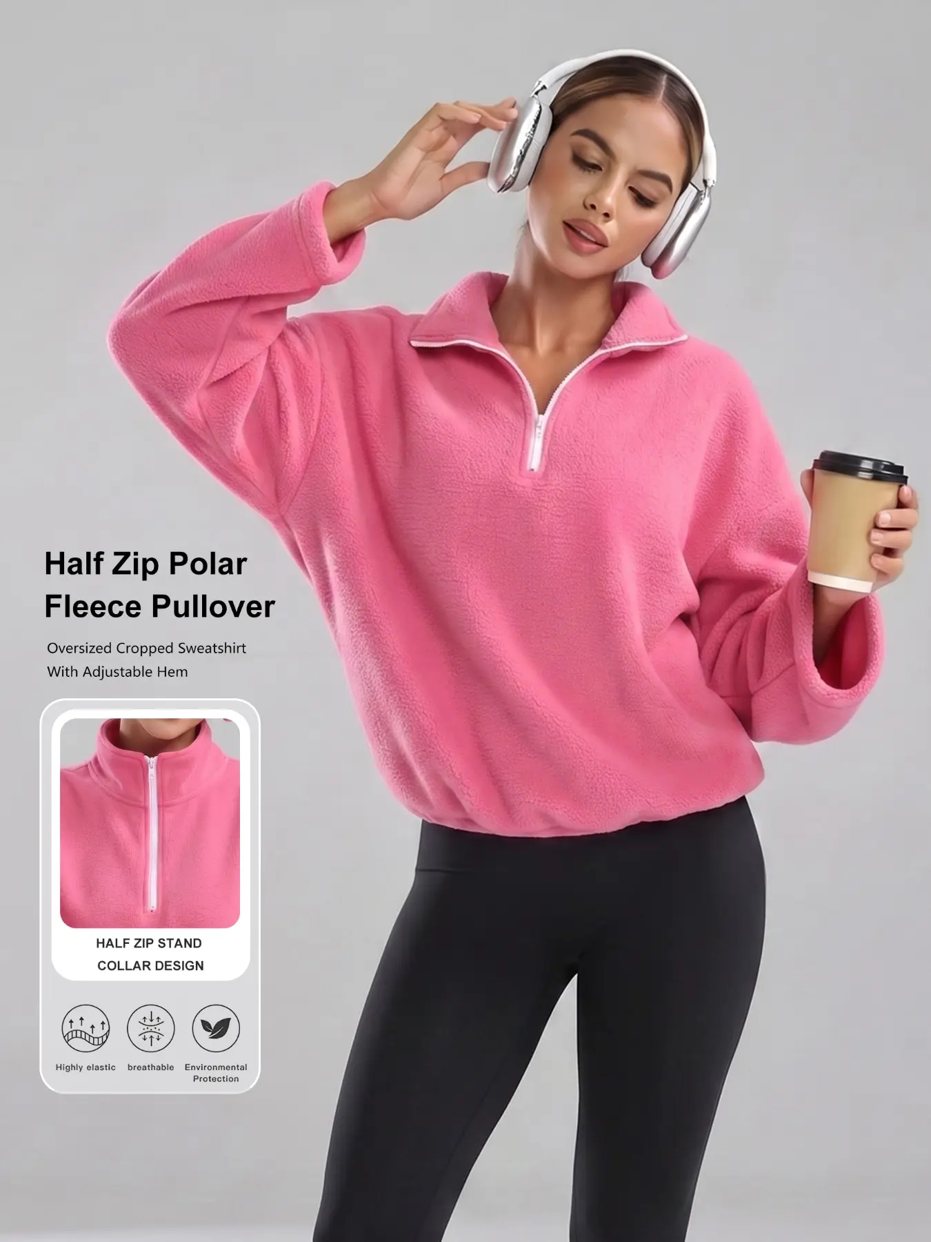 Women's Loose Half-Zip Fleece Pullover, Adjustable Hem Stand Collar Sweatshirt, Short Loose Sport Jacket, Casual Home Top