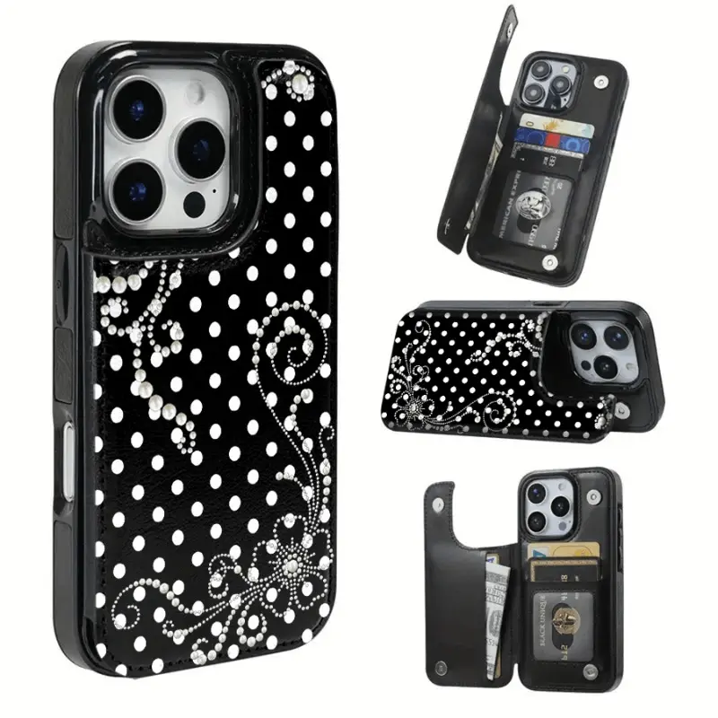 Fantasy Pearl Polka Dot Textured Leather-TPU Cardholder Phone Case, Durable, Stylish, Drop-Proof, Scratch-Resistant, Compatible with iPhone 13/14/15/16/17 & Samsung Models, Holiday Gift for Loved Ones & Yourself