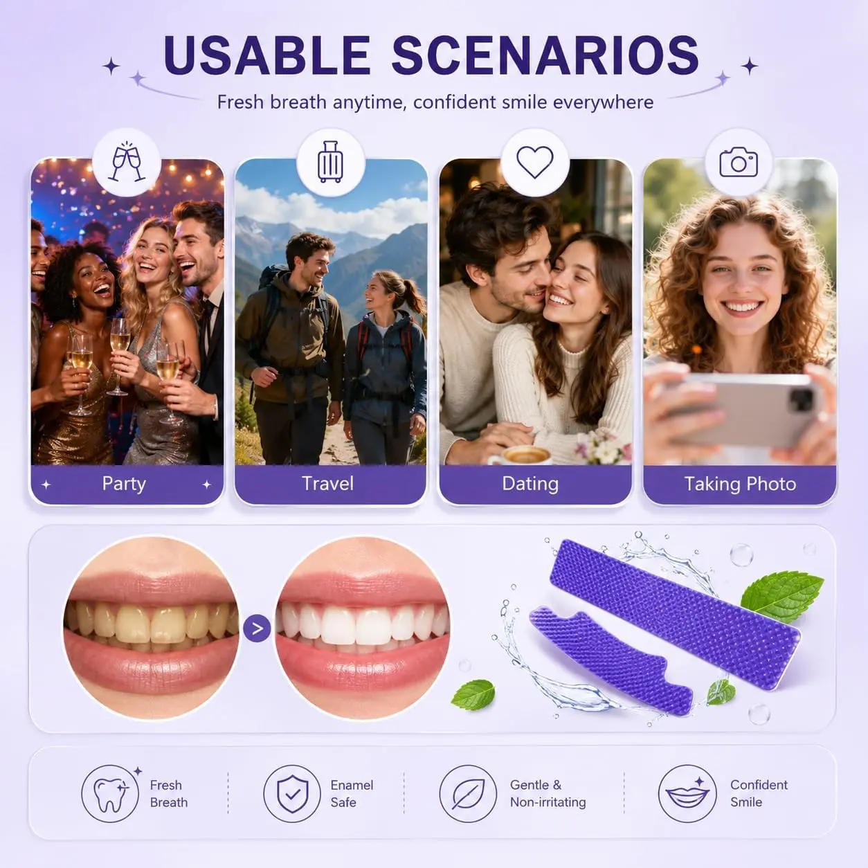Enamel-Safe Purple Teeth Whitening Strips 14 Treatments - 28Pcs Whitening Sessions - Affordable Non Sensitive Teeth Whitening Magic- Peroxide-Free, Whitens Teeth, Removes Yellow Stains & Bad Breath - Effective Color Correction for a Brighter Smile