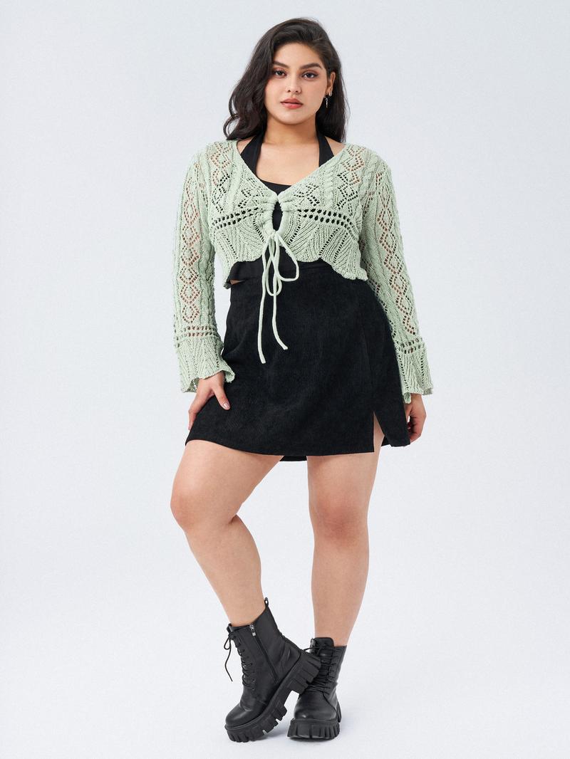 Cider [4 colors, size 2-26] Solid Crochet Tie Front Deep V Neck Crop Top Curve & Plus