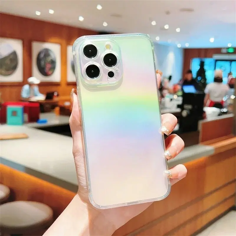 Blue Gradient Transparent Laser Phone Case, Shockproof Soft Gel Cover for iPhone 17, 16, 15, 14, 13, 12, 11 Pro Max, Plus