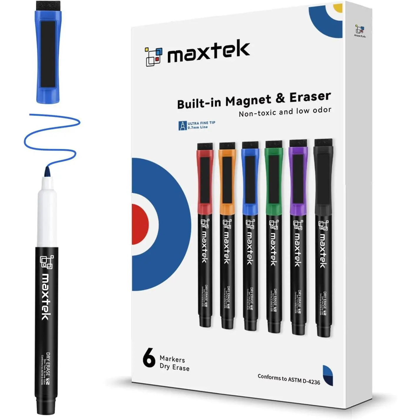 Dry Erase Markers, 6 Colors | Ultra Fine Tip, 0.7mm Extra Fine Point, With Eraser, For Planning Whiteboard, Calendar Boards, Low Odor
