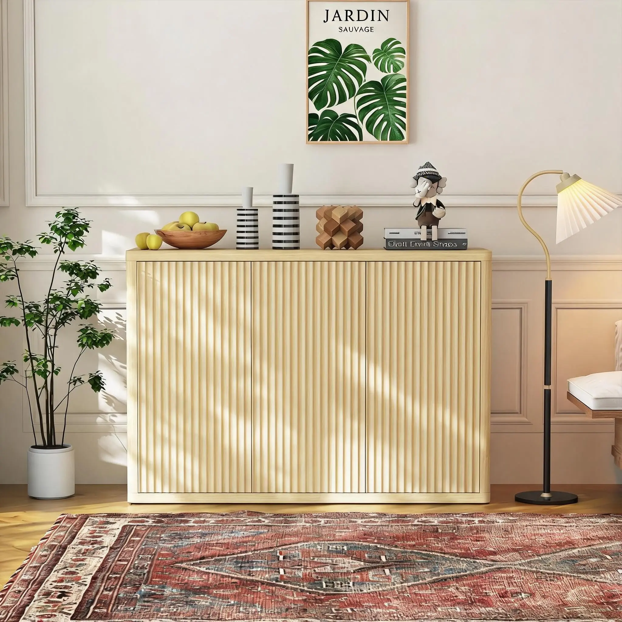 Sideboard Buffet Cabinet with Storage, 47 Inch Fluted Mid Century Modern Console Table with 2 Doors & Adjustable Shelves for Living Room, Dining Room, Entryway (Oak)