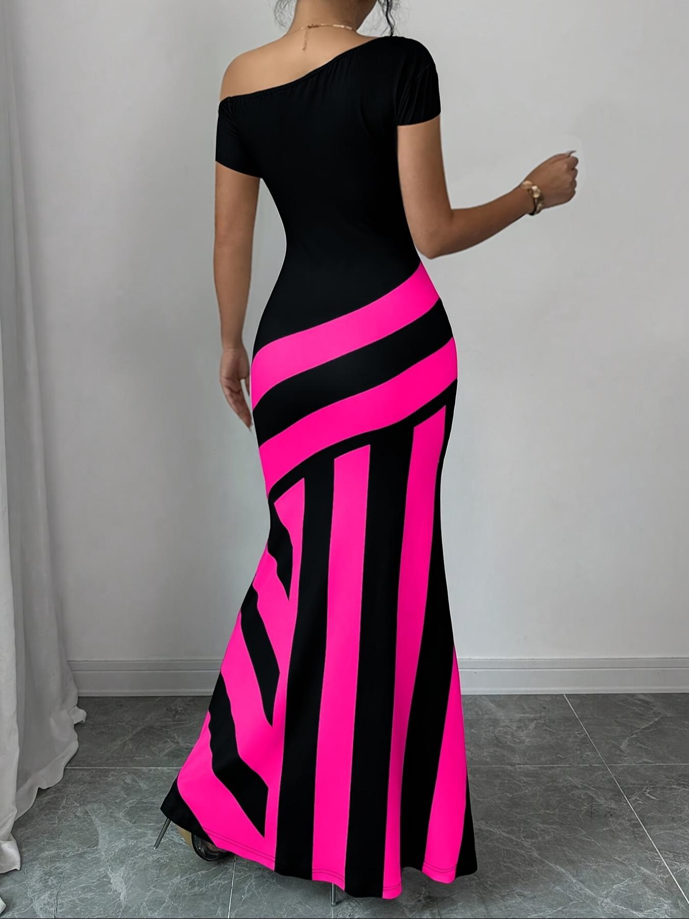 Women's Colorblock Striped Print Asymmetrical Neck Mermaid Dress, Elegant Fashion Casual Dress for Daily Outdoor Wear, Women Dress for Summer