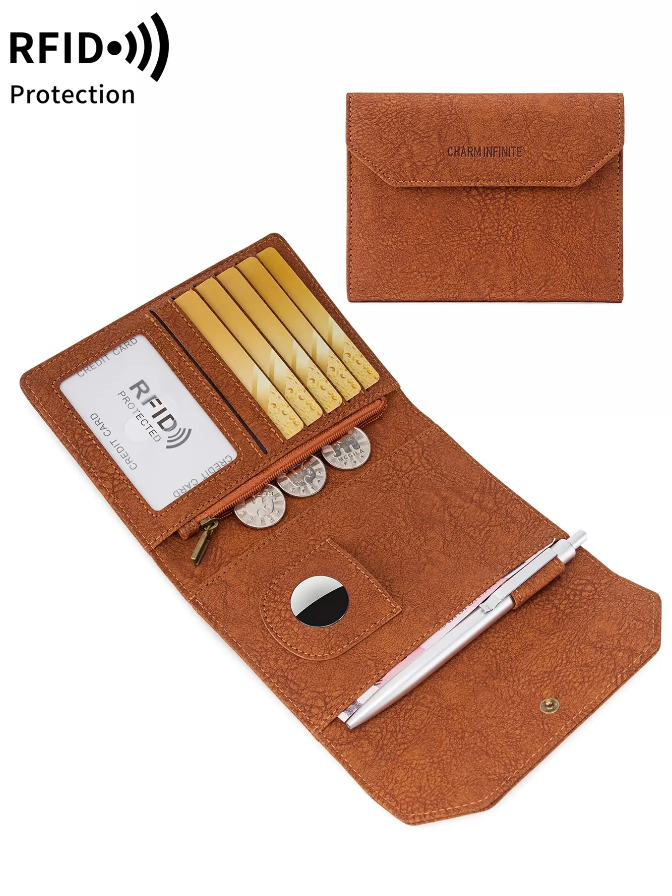 Rfid Anti-Theft Women's Trifold Wallet, Compact Envelope Wallet, Vintage Buckle, Multiple Card Slots, Zippered Coin Pouch, Daily Travel, Couple Wallet, Gift
