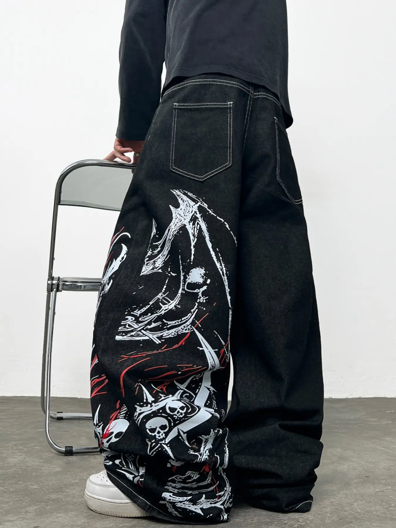Men's Loose Jeans, Y2K American Street Halloween Print, Fashion Casual Wide Leg Pants, Comfortable Denim, All Seasons, Multiple Sizes