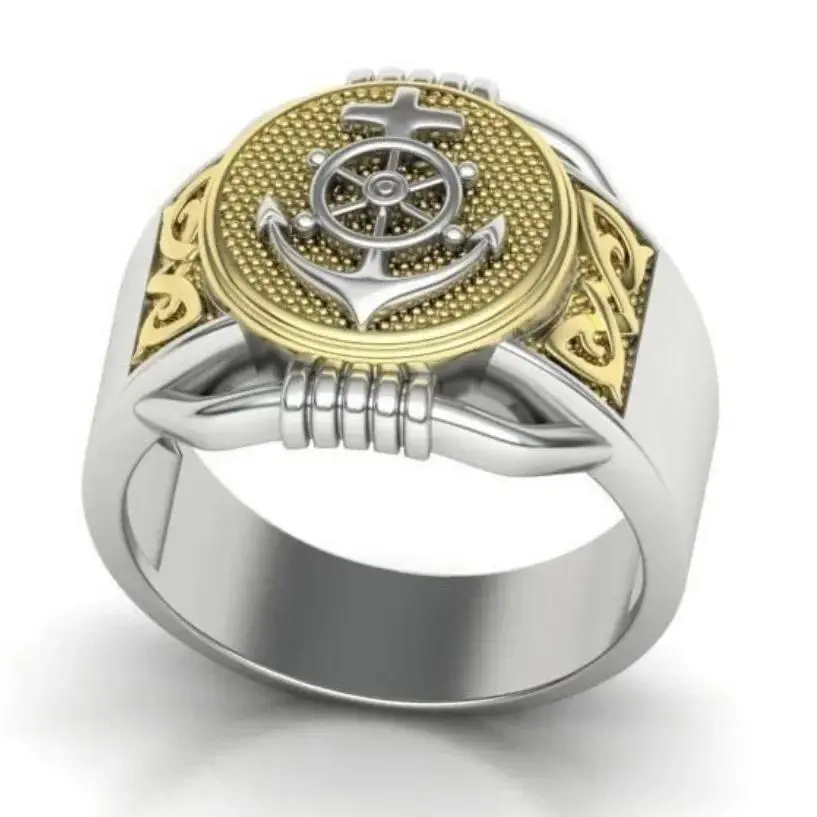 Men's Metal Ring - 2-Color Anchor Motif Band, Nautical Style Silver Alloy Engagement Jewelry for Men, Internet Celebrity-Inspired Accessory