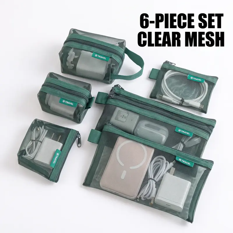6-Piece Mesh Storage Bags, Zipper Design, Transparent, Multi-Size Portable Organizer, Ideal for Cables, Keys, Cosmetics, Travel, Home Use, Traveling Essentials
