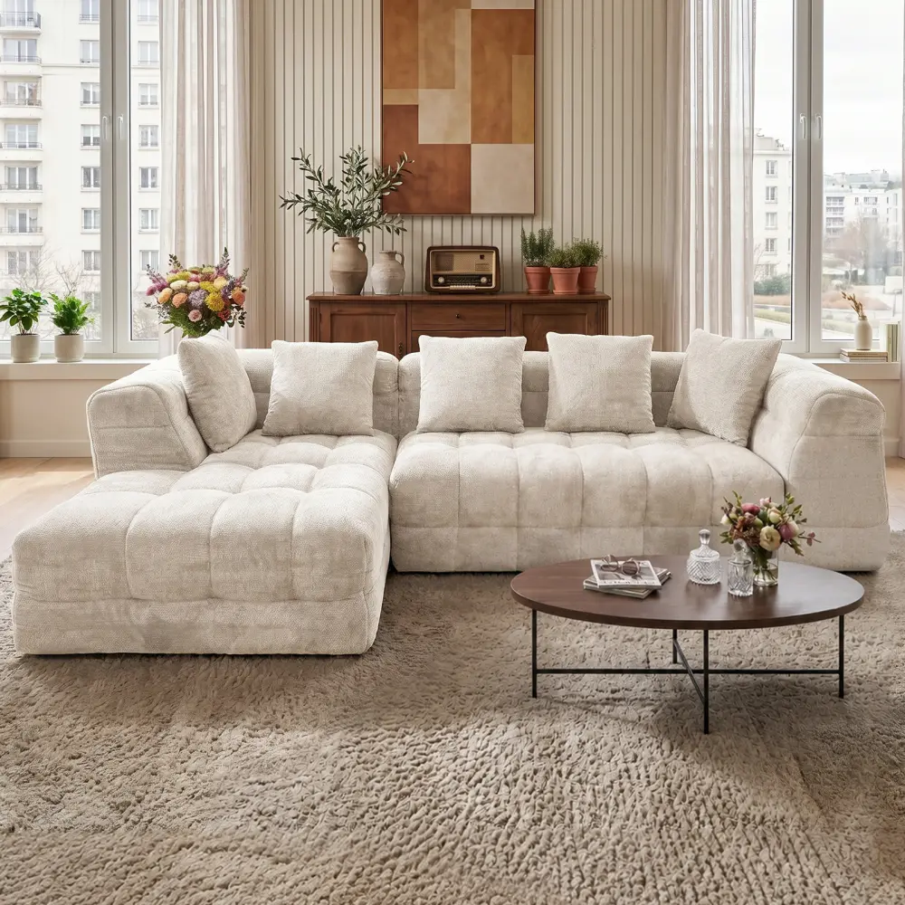 104.7''Oversized Deep Seat L-Shaped Modular Cloud Sectional Sofa, Soft Corduroy Block Square Corner Couch, 1000LBS Weight Capacity No Assembly Comfy Chaise Lounge Sofa, Large Convertible Modular Sofa