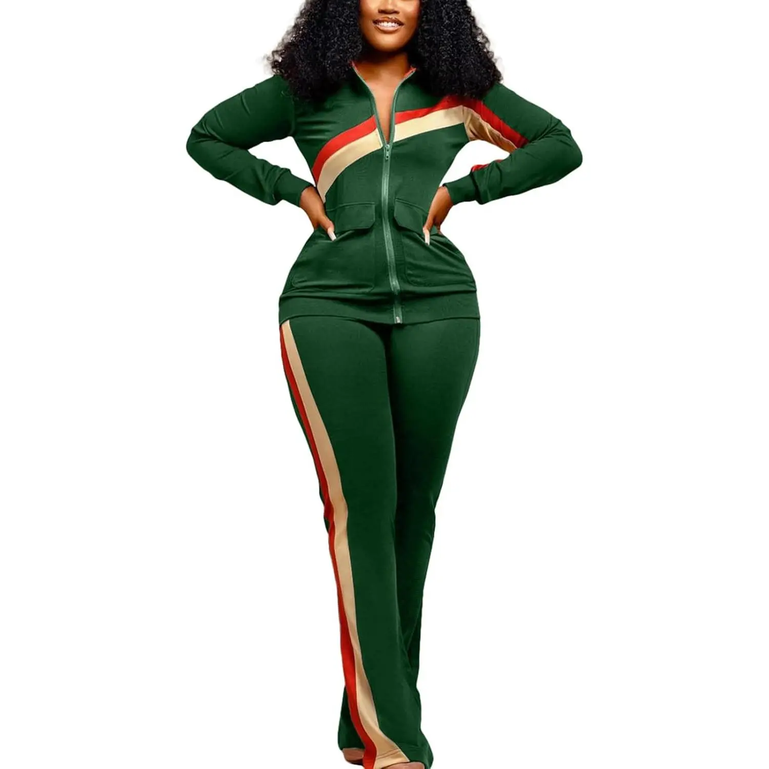 2 Piece Outfits  Women Long Sleeve Striped Zipup Jacket Wide Leg Long Pant Retro Tracksuit Sport Set Wine Red