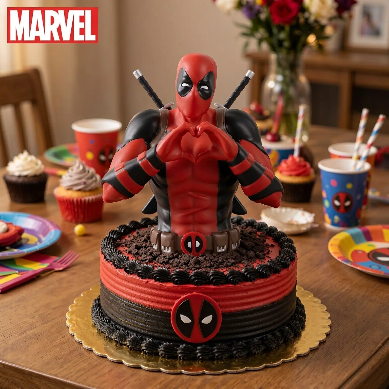 Officially Licensed Marvel Deadpool Cake Topper, Coin Bank Bust Figure, Heart Hands Crossed Swords, Red Black Party Decor, Daily Gift, Cake Topper Decorations