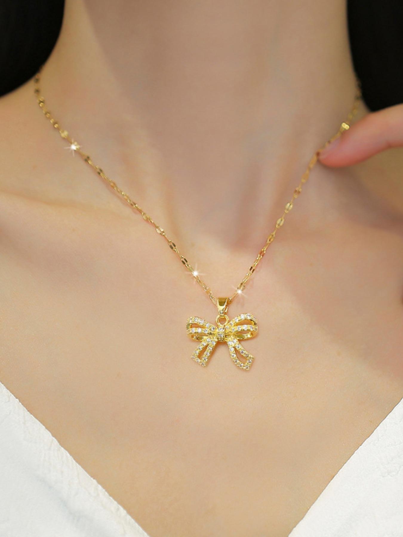 Elegant Rhinestone Bow Decor Pendant Necklace for Women for Gift, Jewelry Gifts, 2024 Trendy Stainless Steel Matching Jewelry, Luxury Shiny Dainty Accessory, Statement Necklace