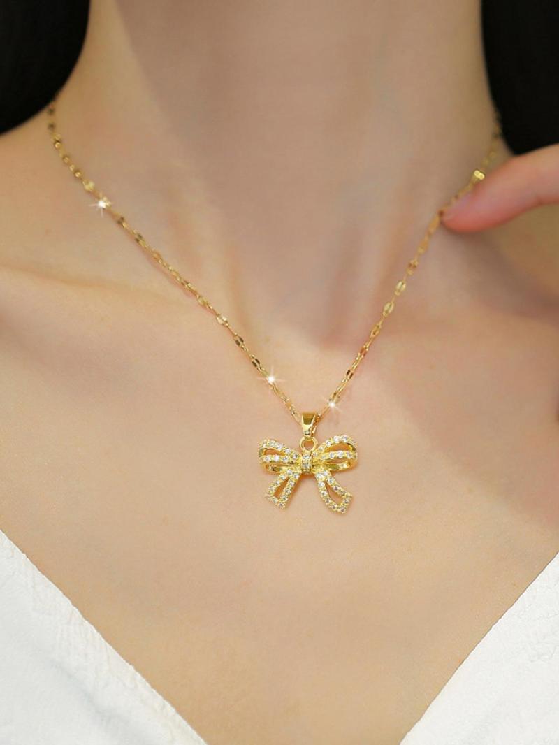 Elegant Rhinestone Bow Decor Pendant Necklace for Women for Gift, Jewelry Gifts, 2024 Trendy Stainless Steel Matching Jewelry, Luxury Shiny Dainty Accessory, Statement Necklace