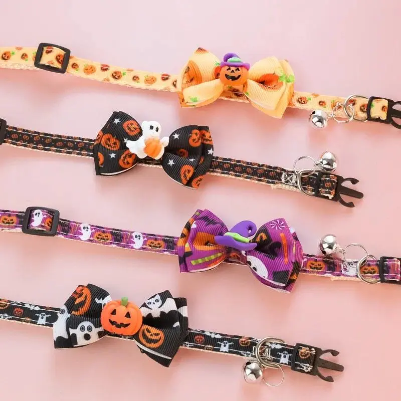 1/4pc Halloween Pet Collar with Bowtie, Pumpkin & Witch Hat Design, Adjustable Cat & Dog Collar with Safety Buckle, Cute Festive Pet Neck Accessory for Halloween Parties, Photos & Costume Decor