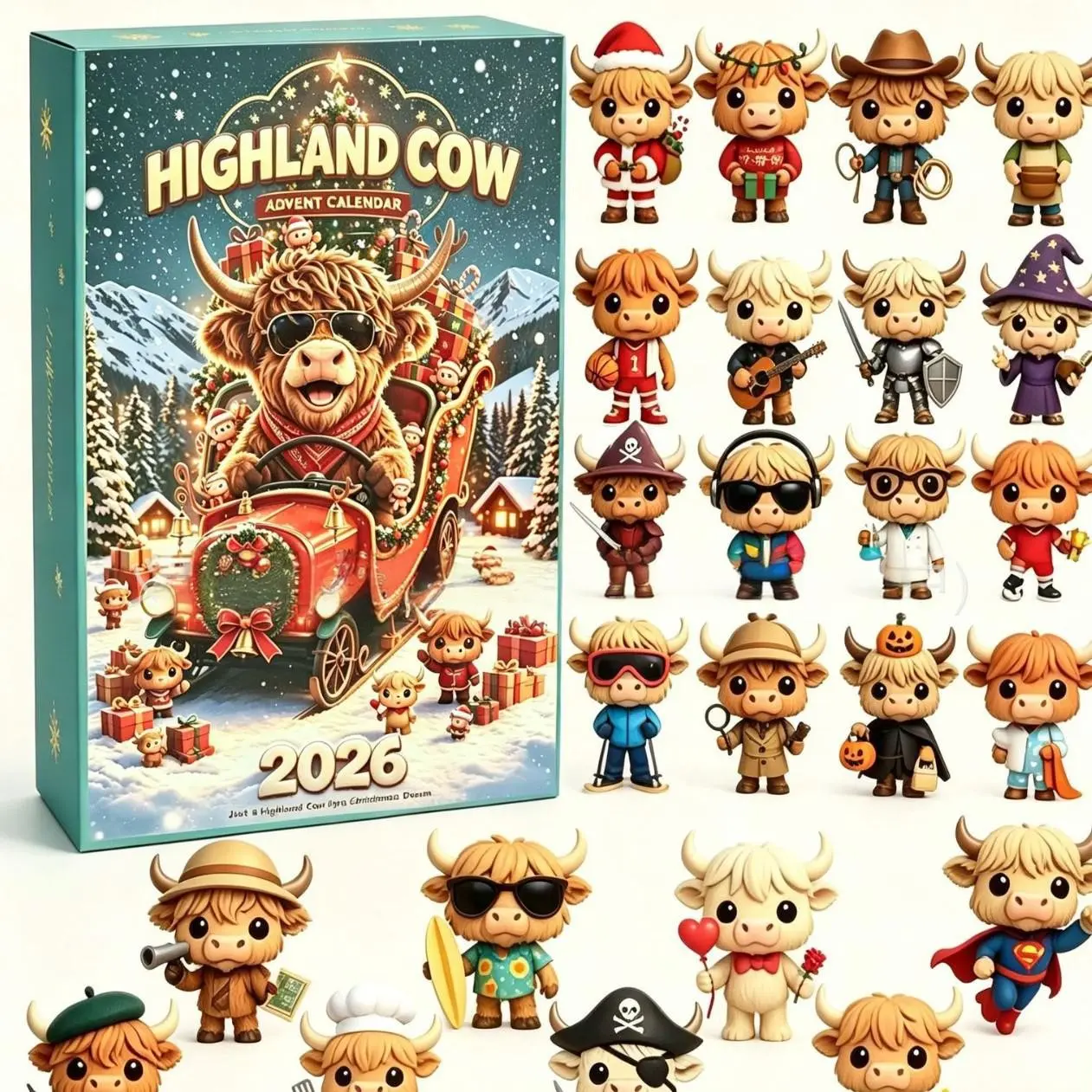 Highland Cow Advent Calendar Blind Box Set, 24pcs Cartoon Mini Cow Figurines, Christmas Countdown Surprise Gift Box, Ideal Christmas Present