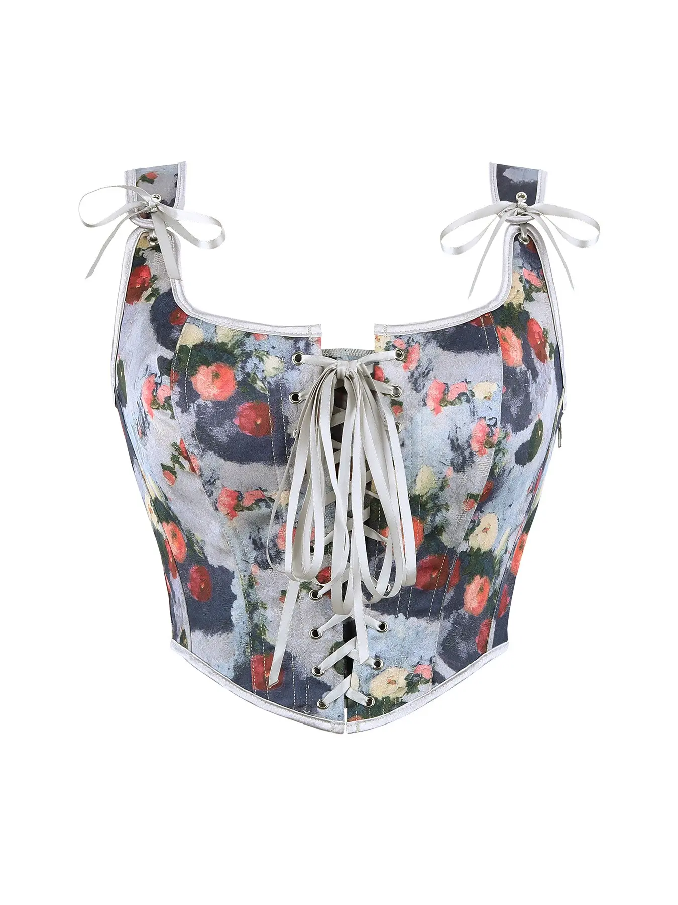 Women's Vintage Oil Painting Floral Corset Bodysuit, Dual Shoulder Bow Tie, Fishbone Front Lapel, Side Zipper Waist Cinch, Party or Casual Wear, Fitted Bodysuits