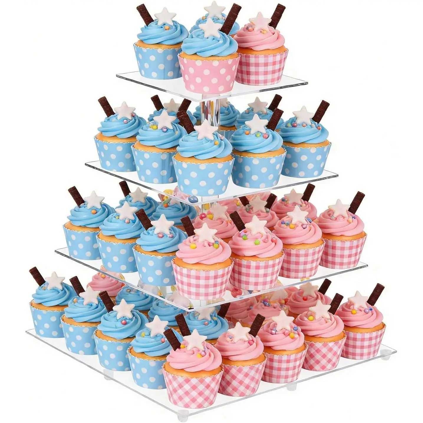 4 Tier Cupcake Stand for 50 Cupcakes, Clear  Cupcake Tower, Cupcake Holder for Parties, Weddings, Birthdays, Clear Dessert Display Ease of Assembly High Stability (Square)