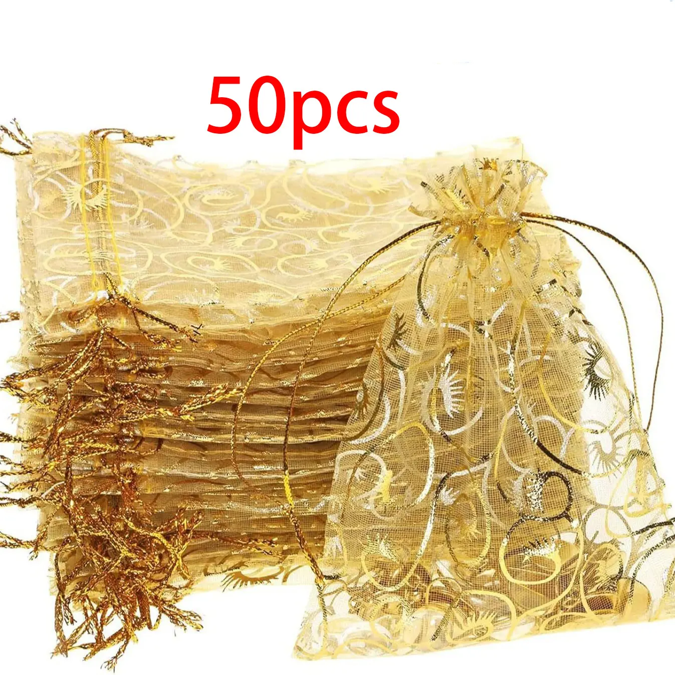 50 Eyelash Transparent Organza Drawstring Bags, Mesh Jewelry Gift Bags with Vine Print, Perfect for Weddings, Baptisms, Christmas