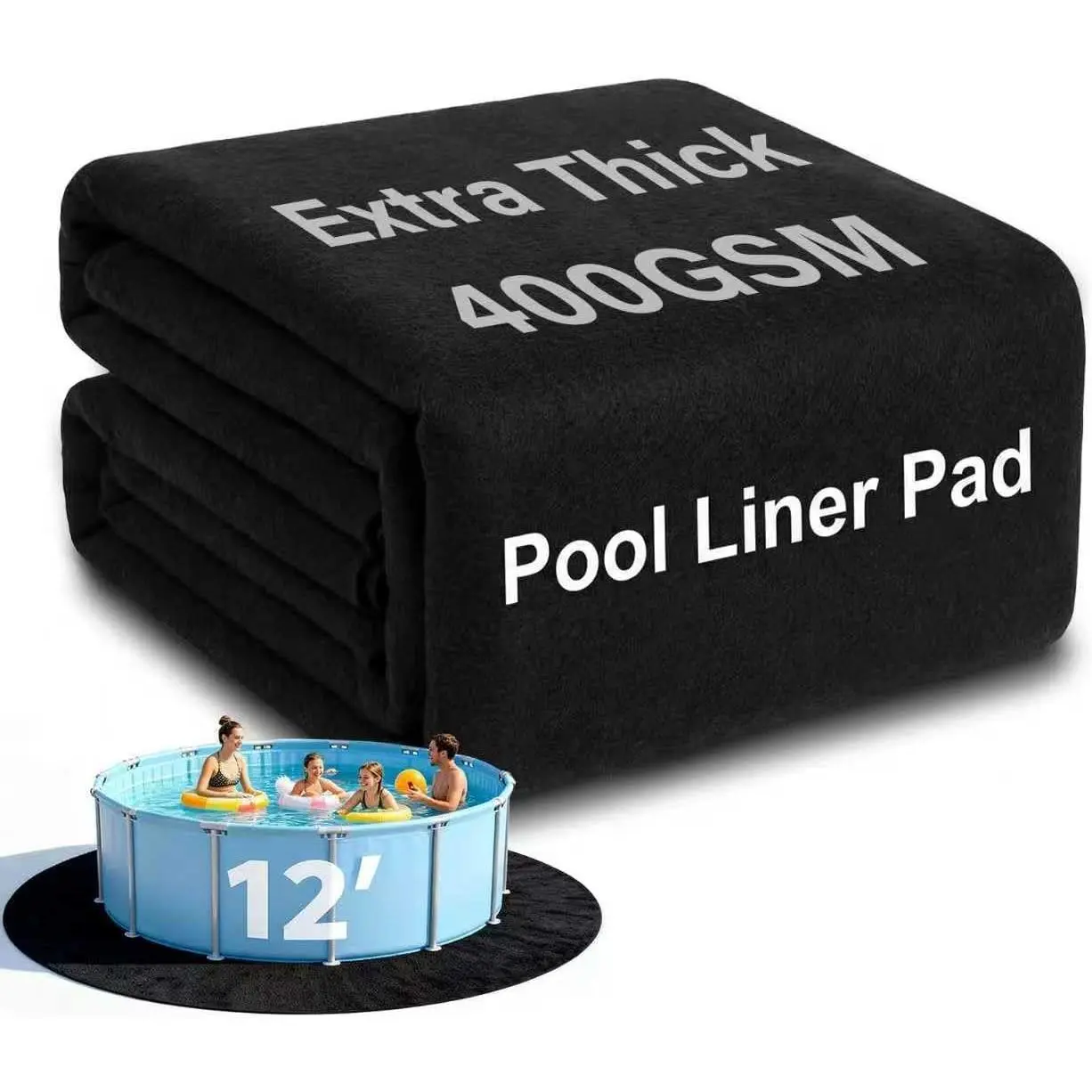 12FT Round Pool Liner Pad, 400G/M² Extra Thick Black Pool Pads for Above Ground Pool, Heavy Duty Pool Liner Pad Geotextile Material Pool Liner Puncture-Proof Pool Bottom Padding(12'Round)