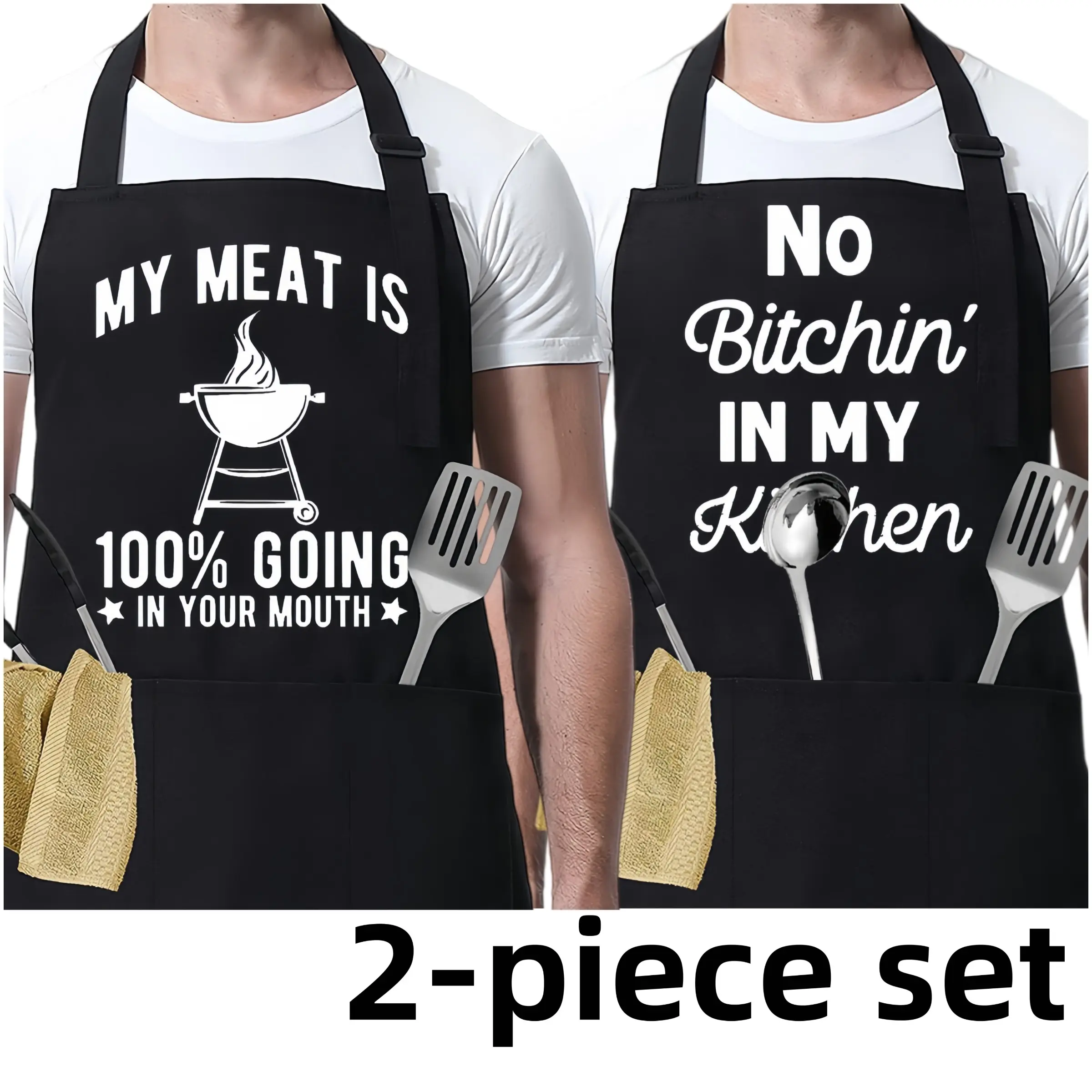 Funny Adjustable Apron Set With 3 Pockets,2-piece set Polyester Kitchen  Apron,Apron for Men&Women,BBQ Apron,Mother's Day Gift,Gag Gift Apron, Kitchen&Cleaning Essential,Cleaning Tool,Gift for Father&Husband