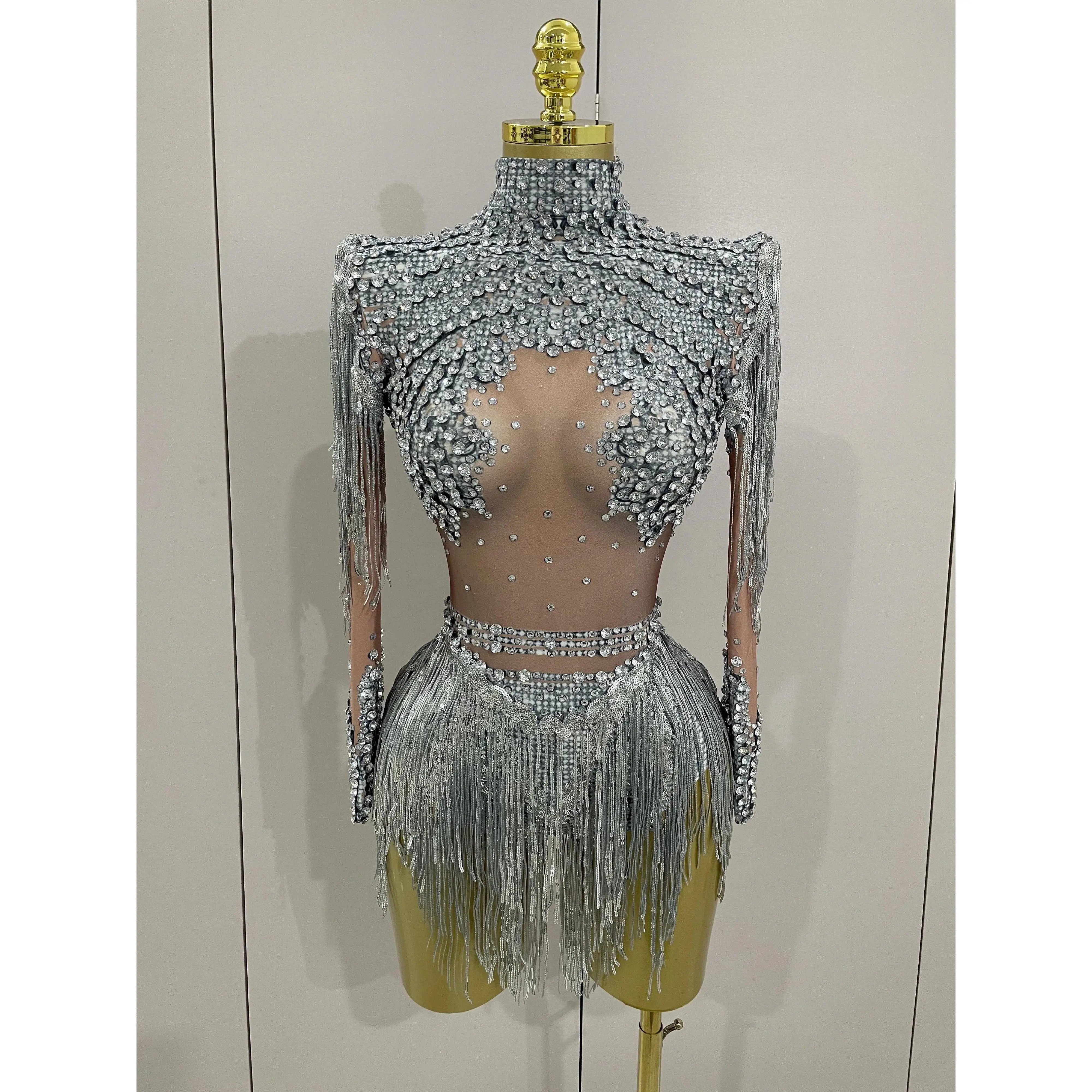 Women's Sparkly Rhinestones-Sequins Tassel Stretch Bodysuit - 2025 New Arrival Party Costume for Birthday, Nightclub Stage Performances (Festive & Party Supplies)