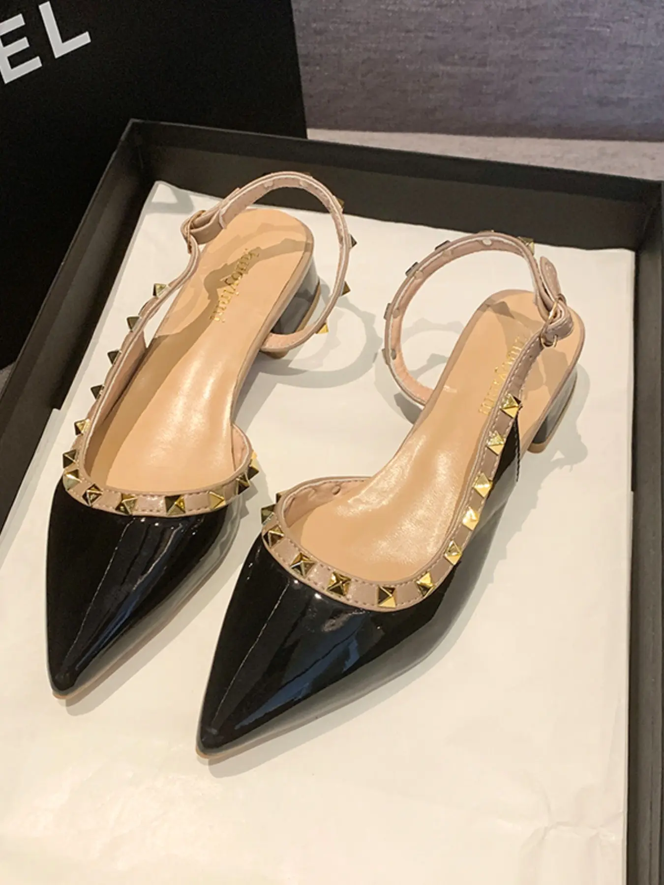 Women Pointed Toe Slingback Flat Heels Trendy Pyramid Metal Stud V Cut Adjustable Back Buckle Low Block Heel Pumps Office Dating Shopping Casual Daily Outfits 3 Colors Black Nude Light Gray
