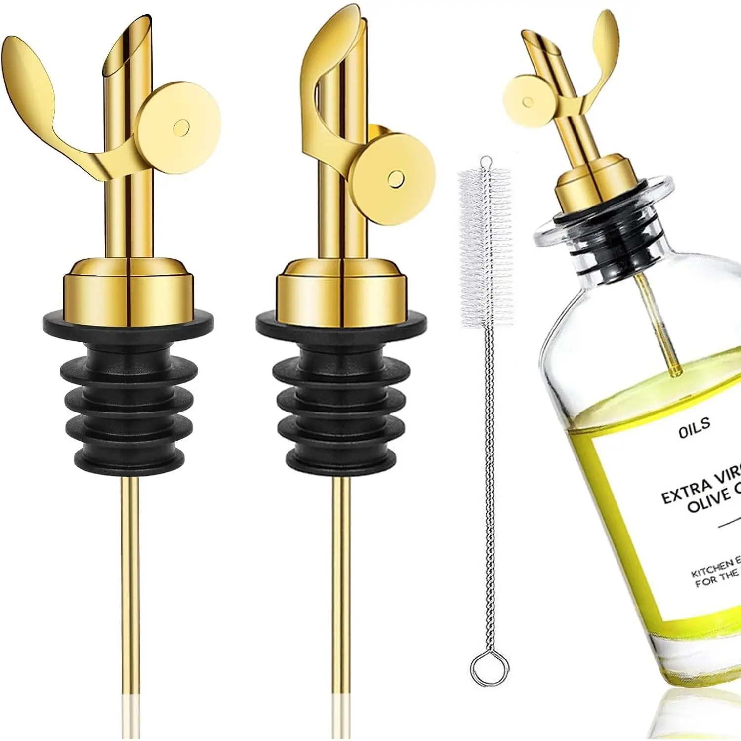 2 Pack Gold Stainless Steel Weighted Bottle Pourers, Auto Flip Self Closing Spout, Universal Fit for Wine Olive Oil Liquor, Bar Accessory
