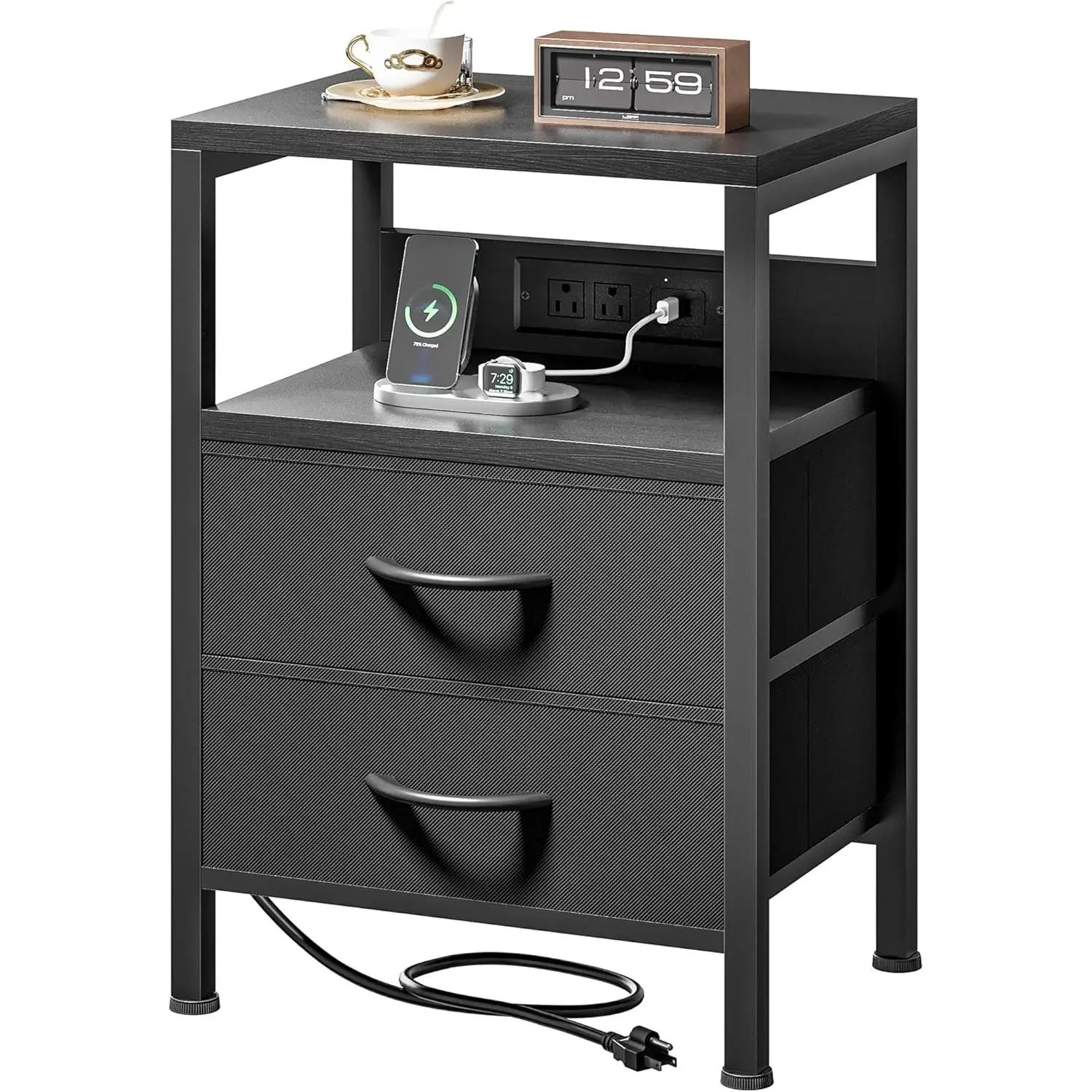 Night Stand with Charger Station for Bedroom, Black Nightstand | Bedside Table, Open Shelf, 2 Fabric Drawers, Built in USB-A, USB-C Port & AC Outlets, For Dorm, Living Room, Bedroom